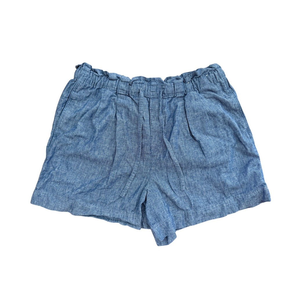 Uniqlo Shorts Women Large Blue Excellent Linen Cotton Paperbag Waist Chambray